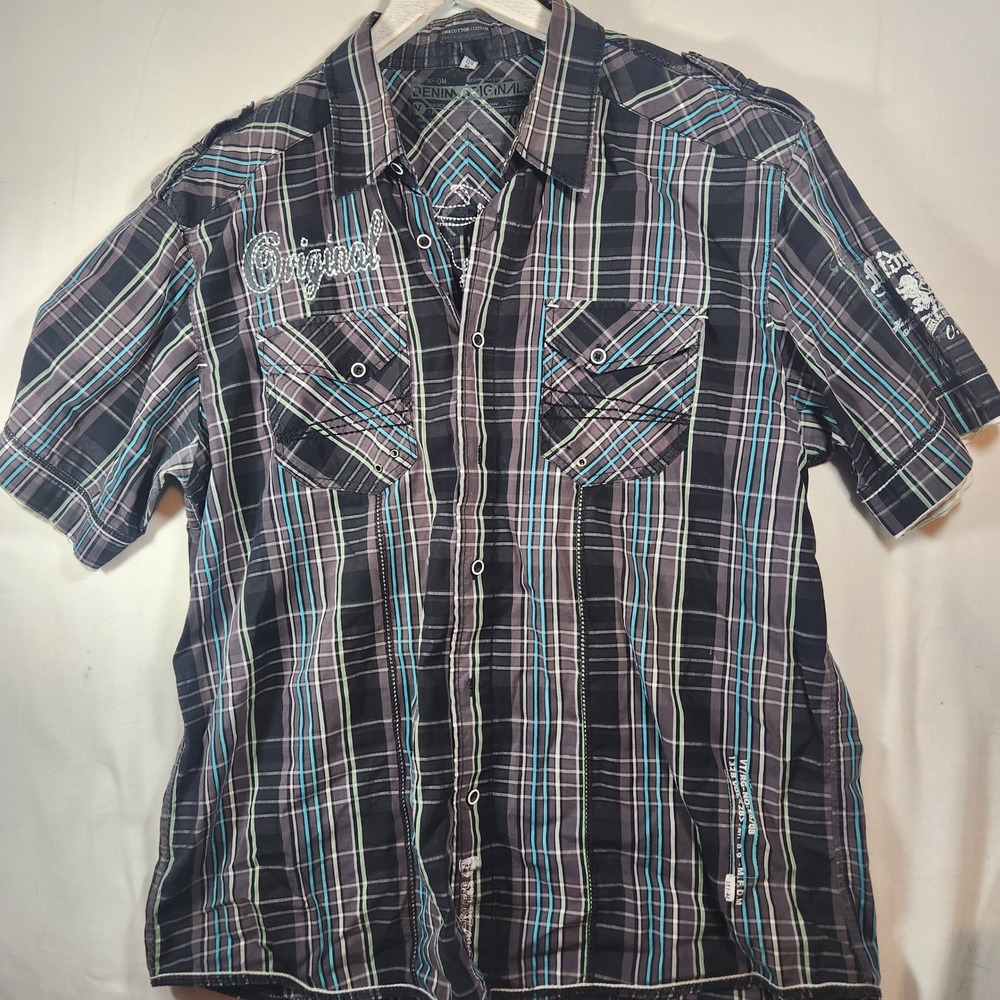 Denim Originals Mens XL Plaid Button Down Shirt Short Sleeve Y2K Embroidered
